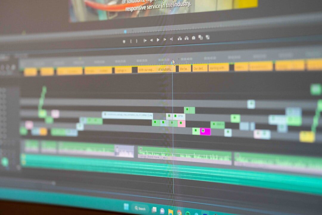 Video editing workstation with multiple monitors showing a timeline